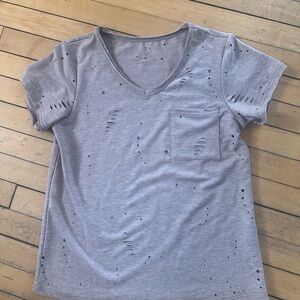 Distressed V-Neck Pocket Tee in tan